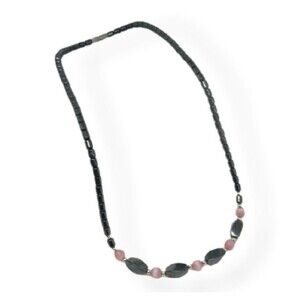 Pink Black Necklace Hematite & Cat's Eye Beads With Silver Tone Accents 18"